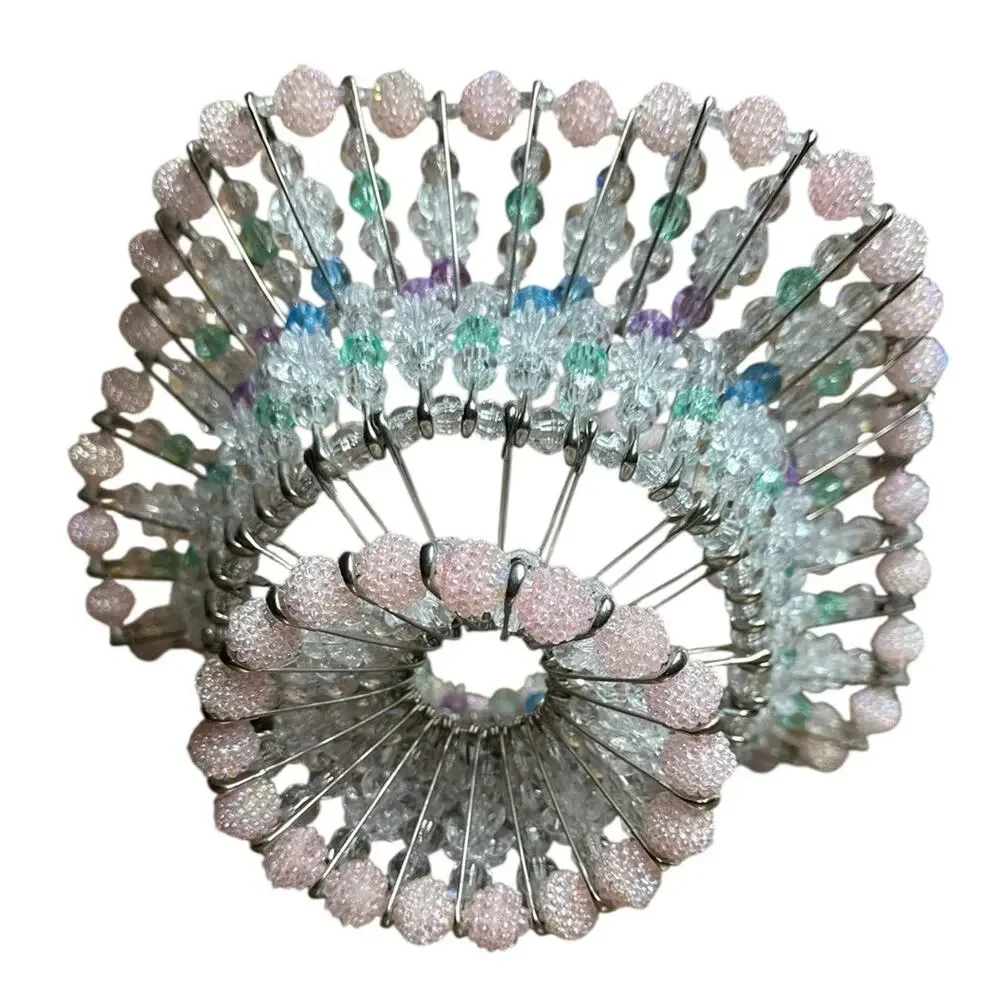 Vintage‎ Handmade Safety Pin Ruffled Bead Basket White Purple Pink Easter 12